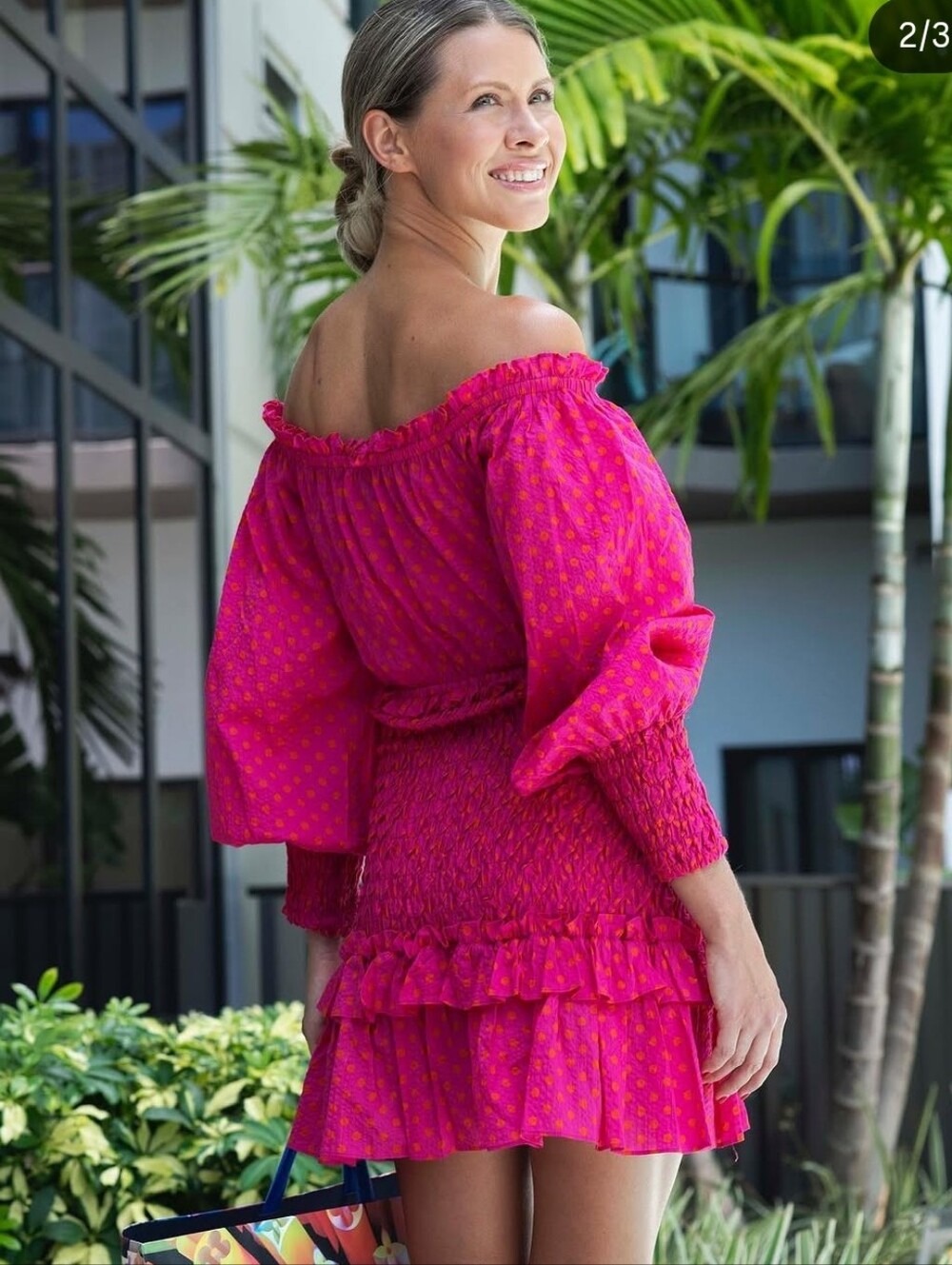 Alexis Marilena Hot Pink with Orange Dot Off-Shoulder Smocked Mini Dress